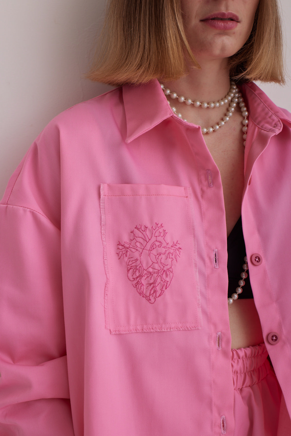 Embroidered Oversized Pink Shirt – Bold Elegance with a Feminine Edge