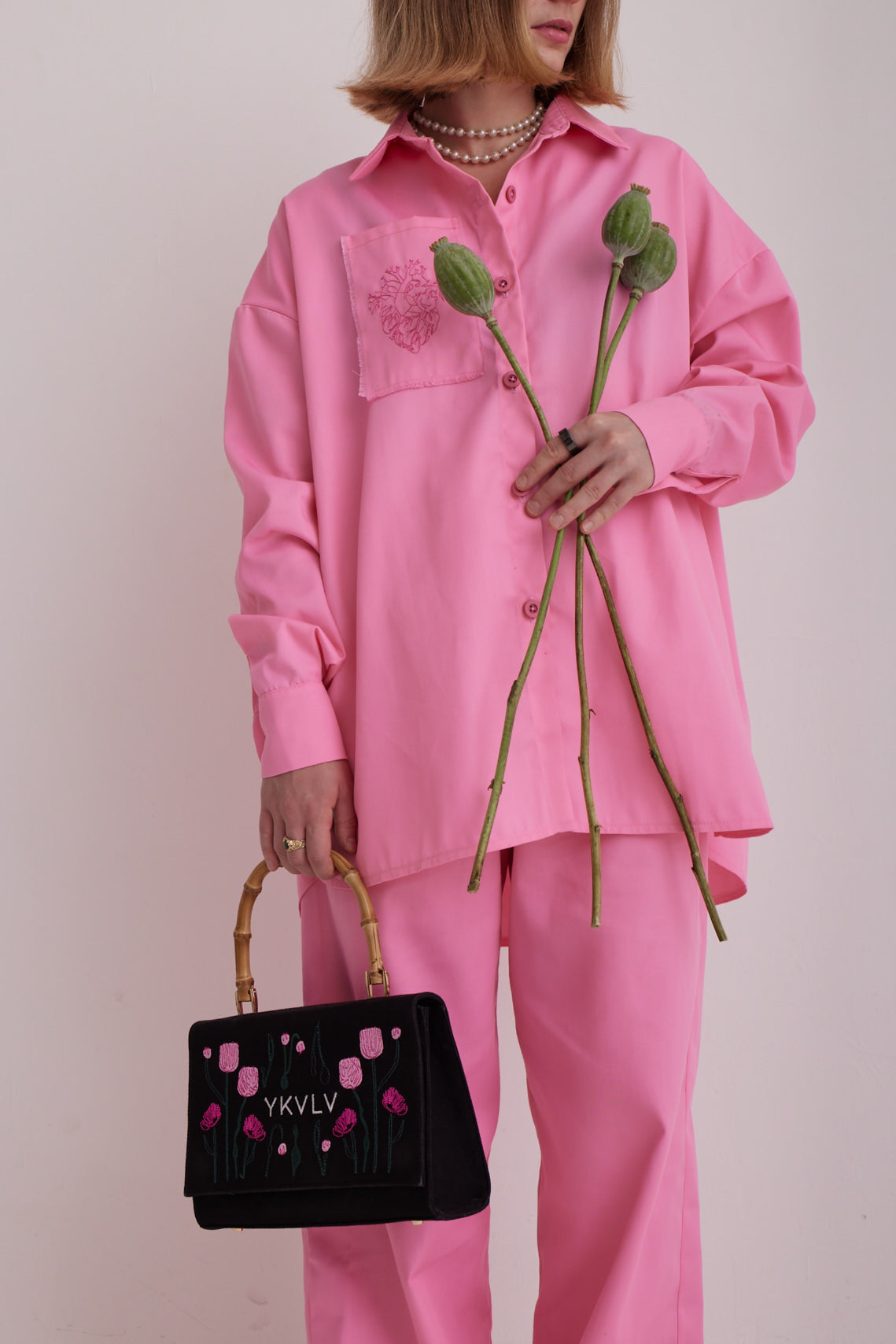 Embroidered Oversized Pink Shirt – Bold Elegance with a Feminine Edge