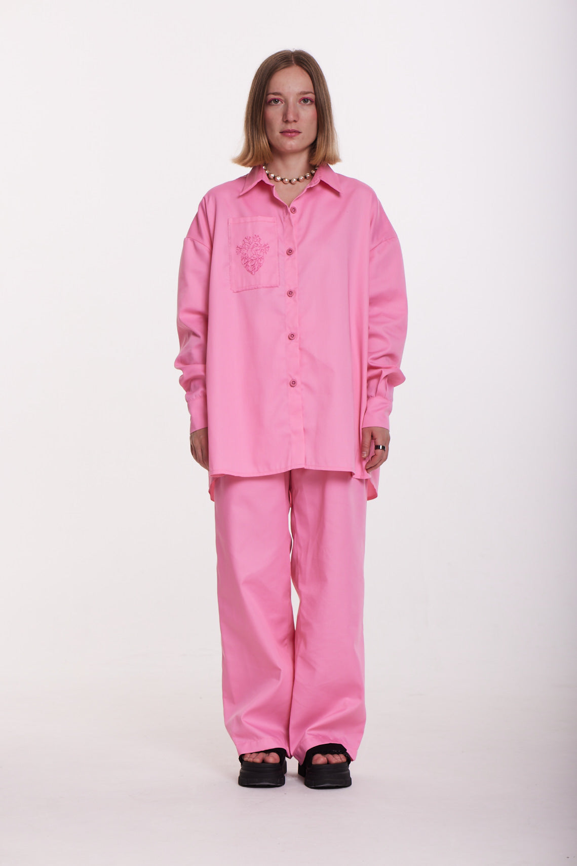 Embroidered Oversized Pink Shirt – Bold Elegance with a Feminine Edge