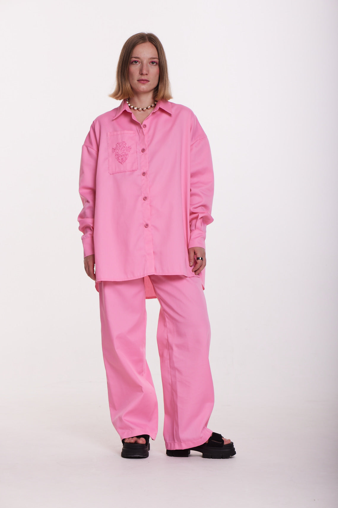 Embroidered Oversized Pink Shirt – Bold Elegance with a Feminine Edge