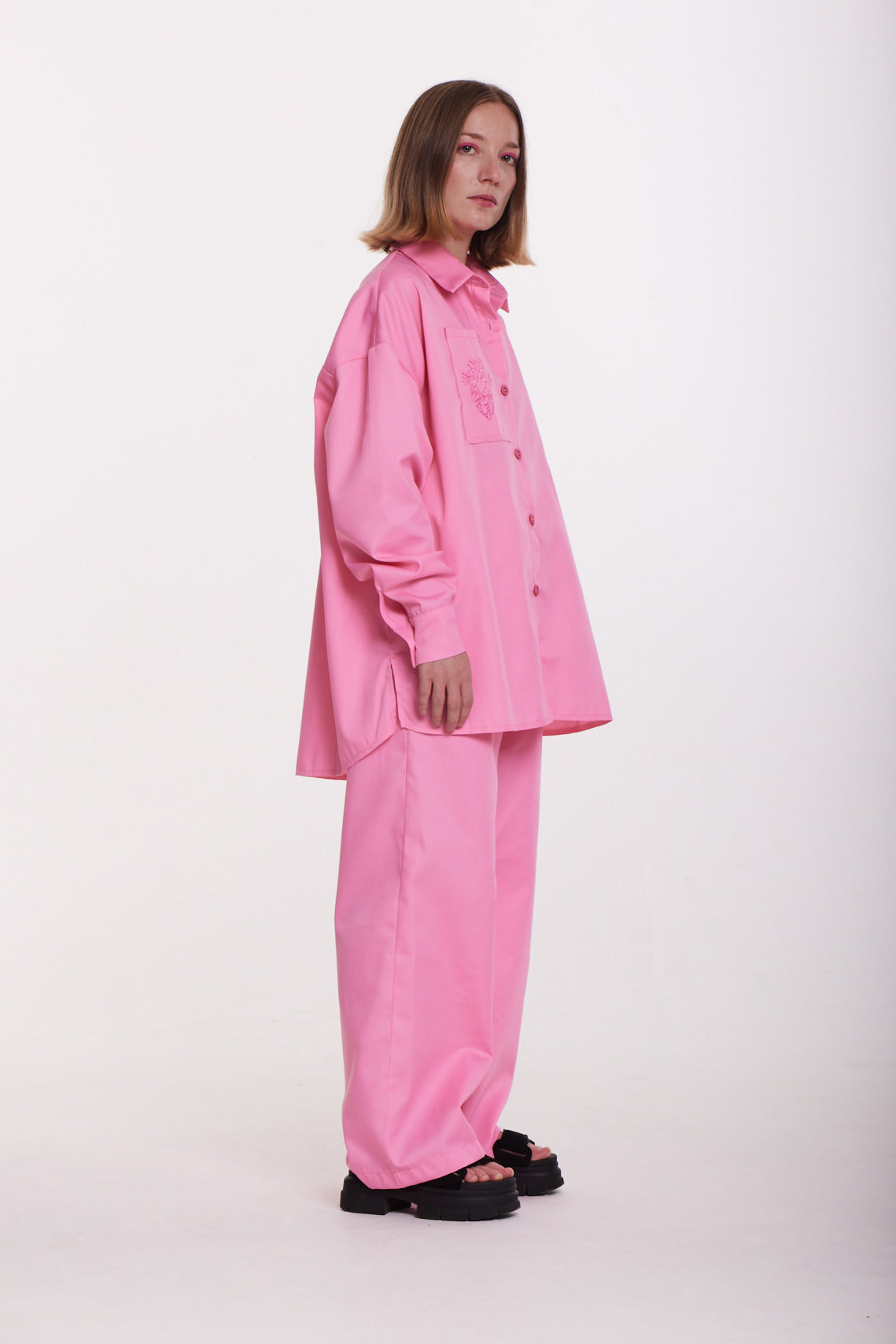 Embroidered Oversized Pink Shirt – Bold Elegance with a Feminine Edge