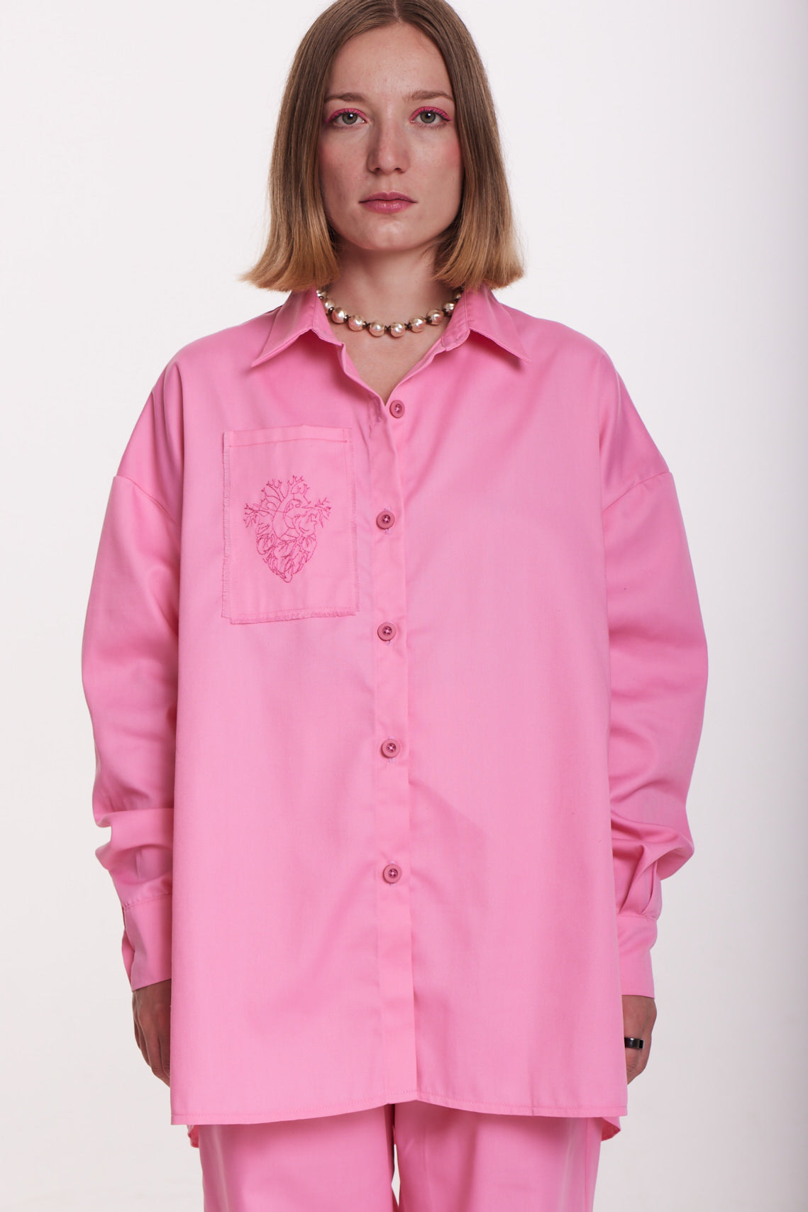 Embroidered Oversized Pink Shirt – Bold Elegance with a Feminine Edge