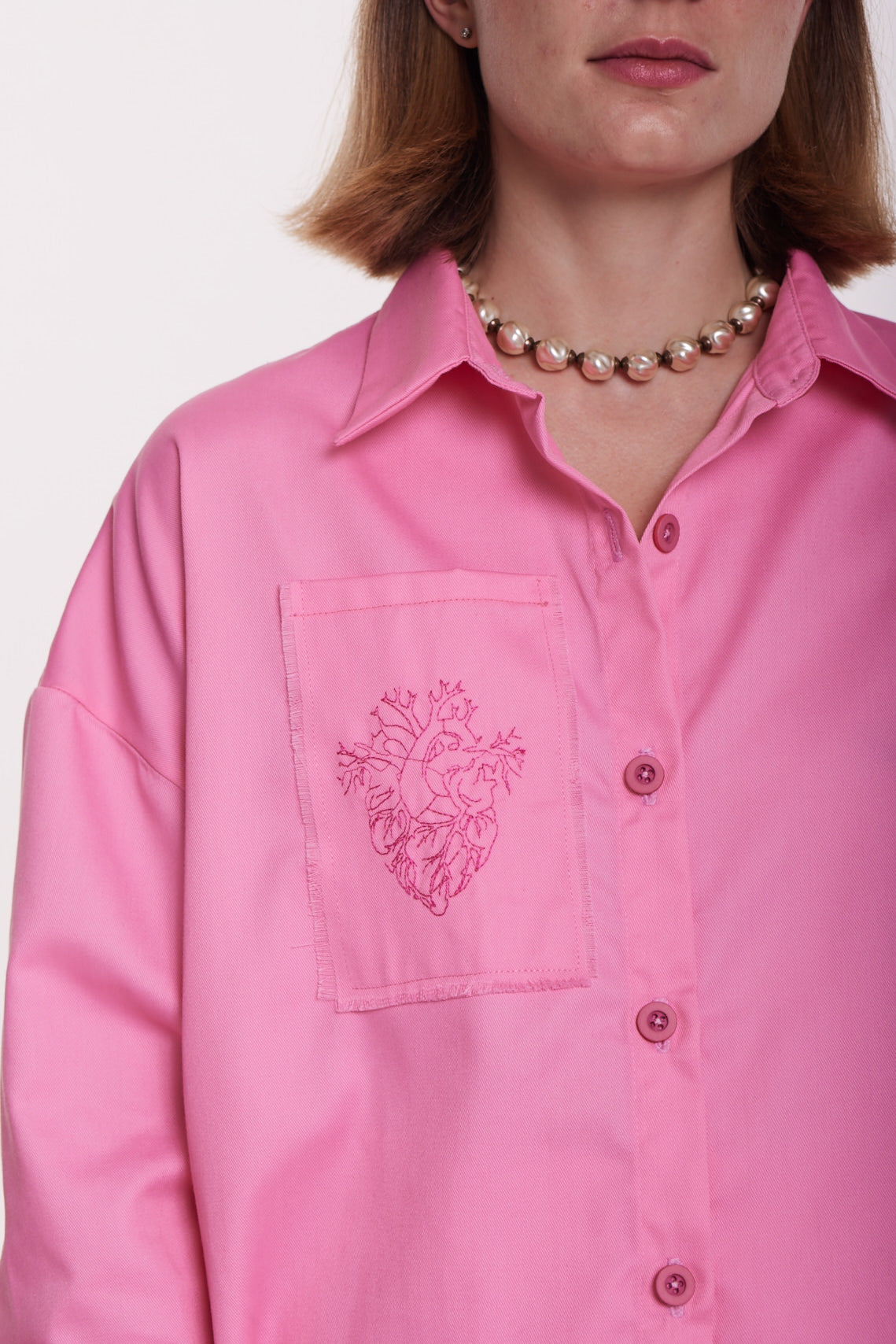 Embroidered Oversized Pink Shirt – Bold Elegance with a Feminine Edge