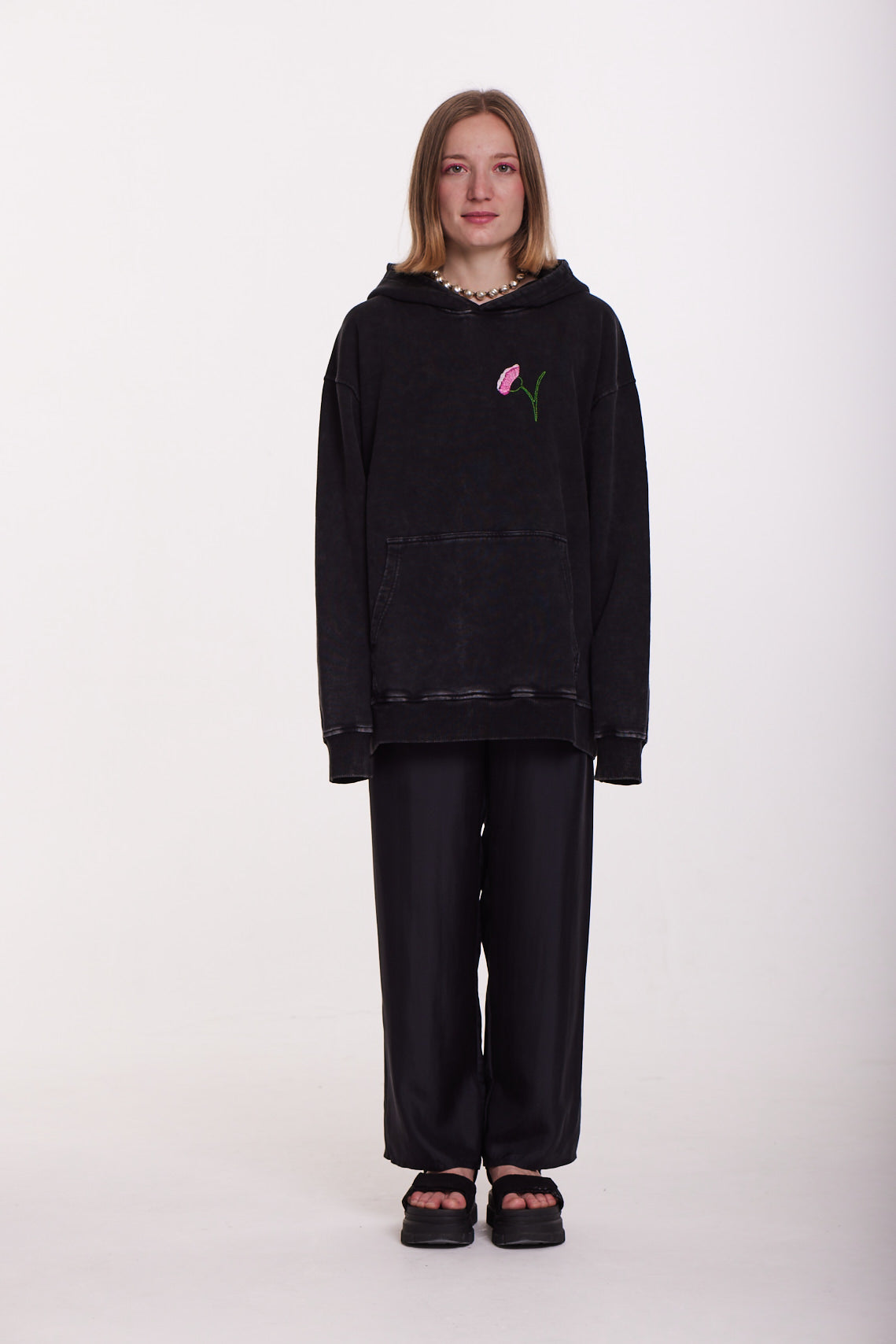 Black Embroidered Hoodie – Minimalist Floral Statement