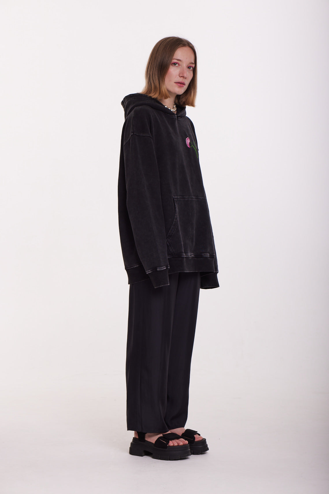 Black Embroidered Hoodie – Minimalist Floral Statement