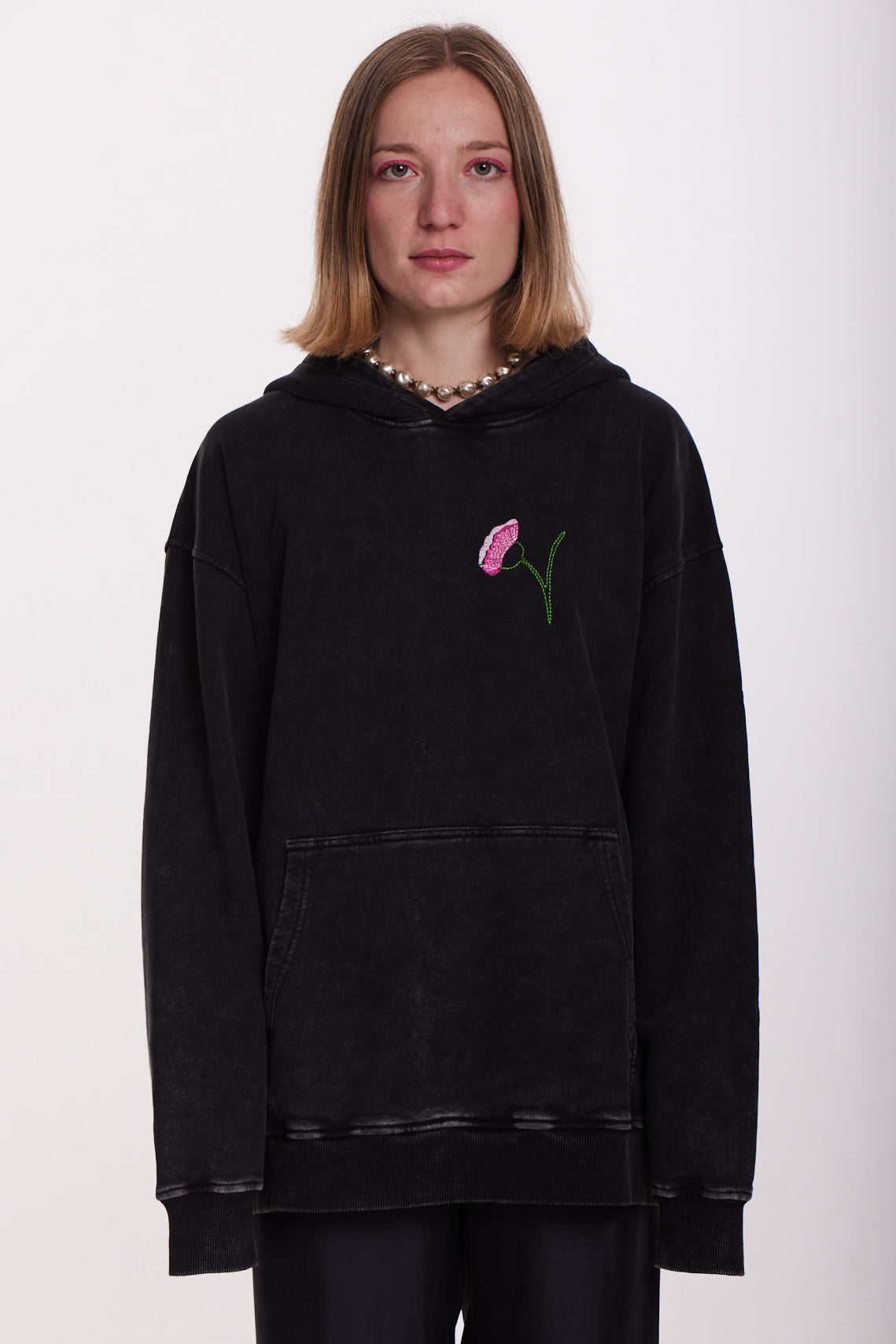 Black Embroidered Hoodie – Minimalist Floral Statement