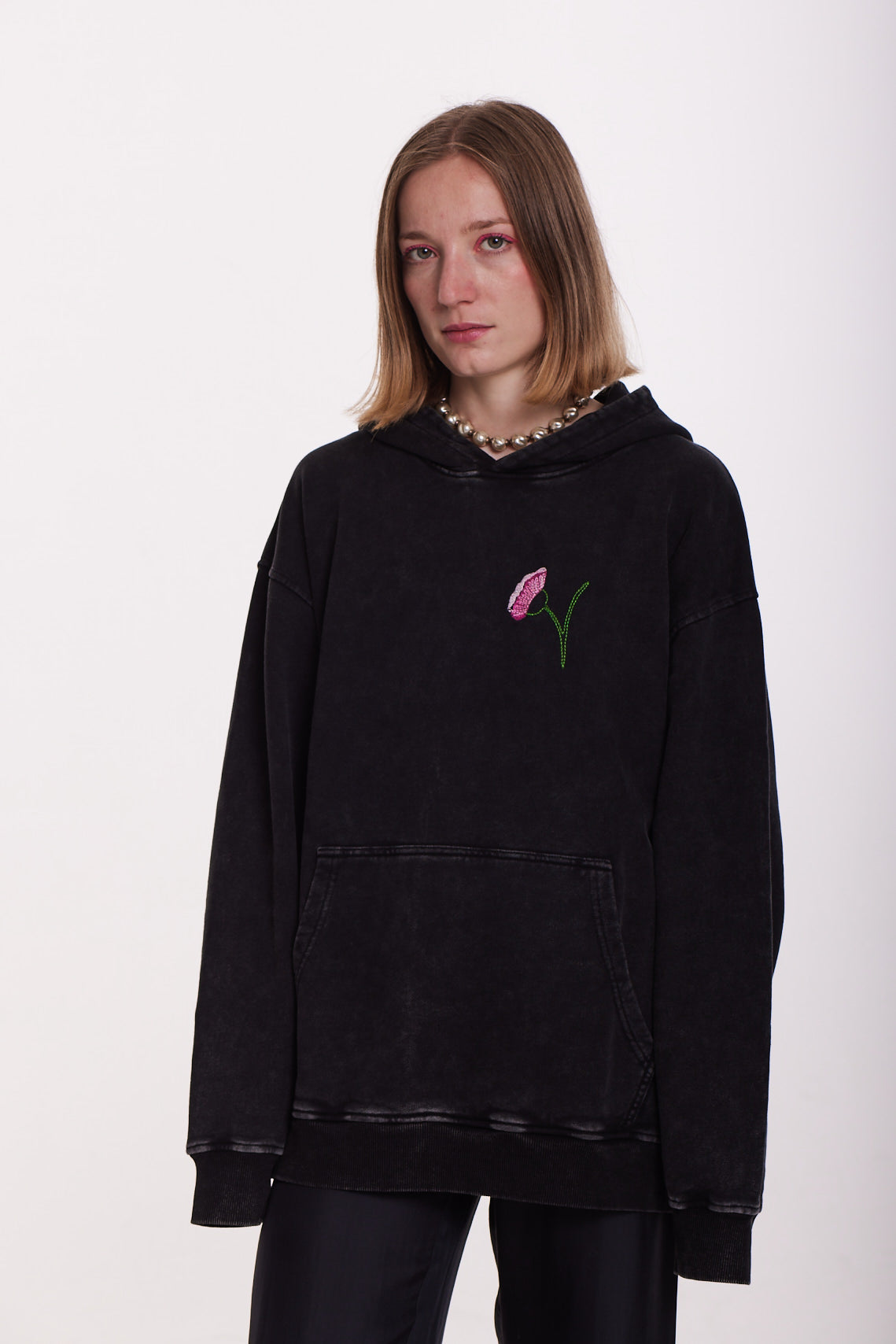 Black Embroidered Hoodie – Minimalist Floral Statement