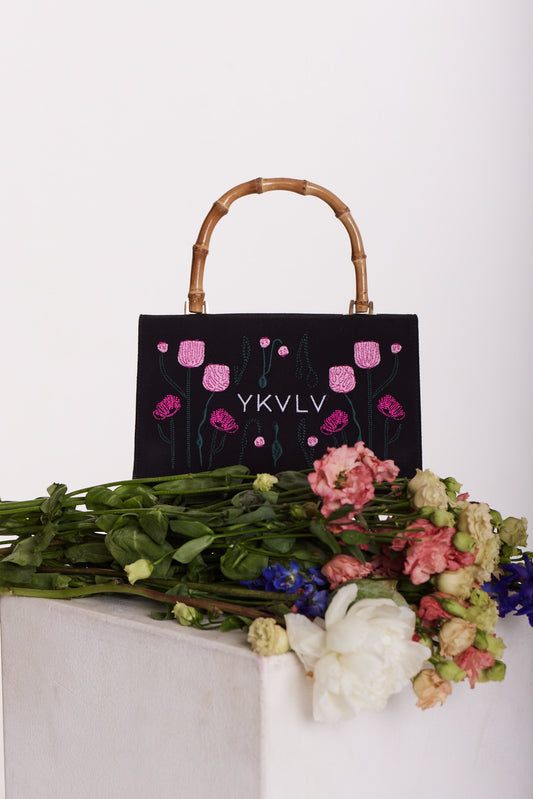 Embroidered Black Canvas Bag with Bamboo Handle – Art Nouveau Elegance