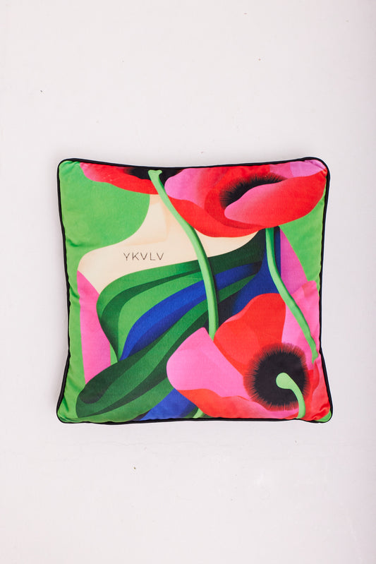 AI-Designed Velvet Pillow – Symbiotic Poppies in Pop Art