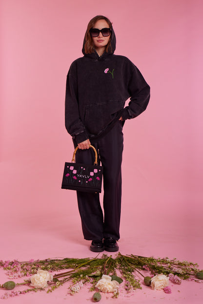 Black Embroidered Hoodie – Minimalist Floral Statement