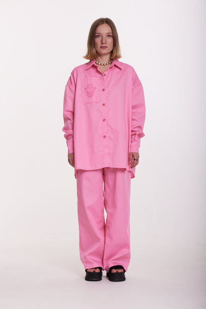 Embroidered Oversized Pink Shirt – Bold Elegance with a Feminine Edge