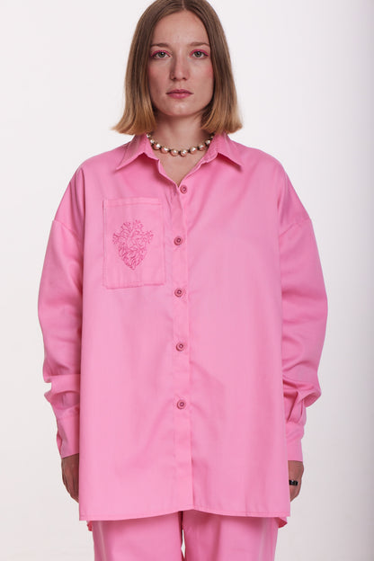 Embroidered Oversized Pink Shirt – Bold Elegance with a Feminine Edge