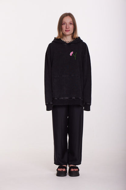 Black Embroidered Hoodie – Minimalist Floral Statement