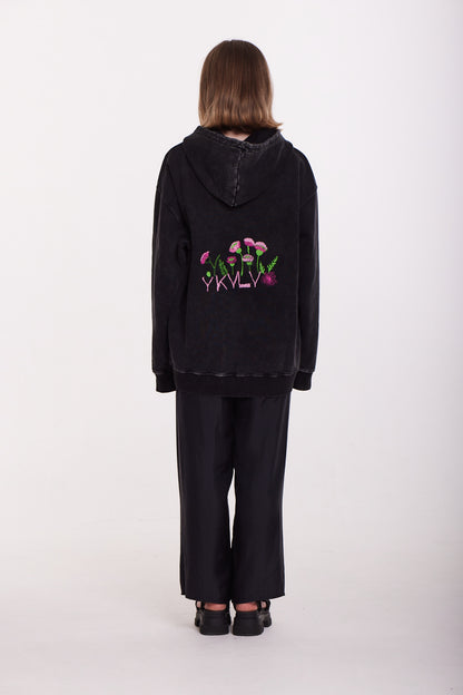 Black Embroidered Hoodie – Minimalist Floral Statement
