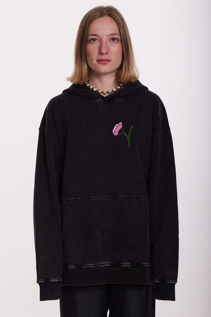 Black Embroidered Hoodie – Minimalist Floral Statement