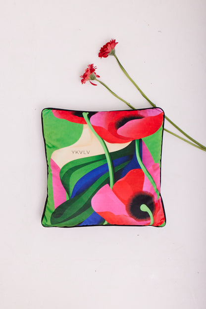 AI-Designed Velvet Pillow – Symbiotic Poppies in Pop Art