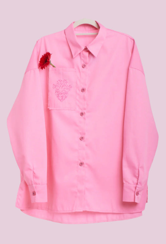 Embroidered Oversized Pink Shirt – Bold Elegance with a Feminine Edge